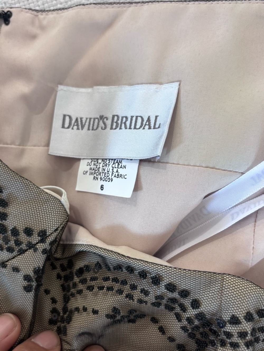 🩷David's Bridal Taupe Strapless Dress with Black Lace - Picture 9 of 13